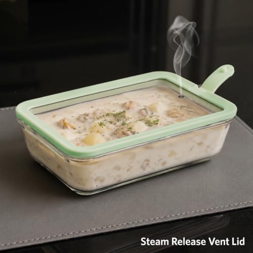 Glad Glass Food Storage Containers, Set of 3 - Airtight Vacuum Sealed Steam Vent Lids - Rectangular Borosilicate Glass Dishes with Ombre Green Lids - Assorted Sizes for Meal Prep & Leftovers, Sage