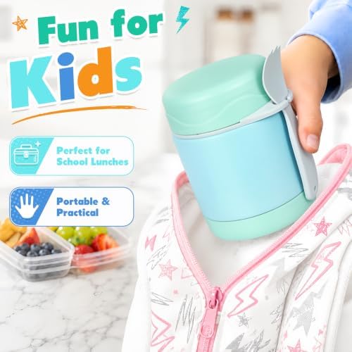 10oz Soup Thermo for Hot Food Kids,Lunch Thermo Kids Food Jar with Spoon Hot Insulated Food Containers,Leak Proof Stainless Steel Wide Mouth Lunch Thermo Jar for School(Mint-Green)