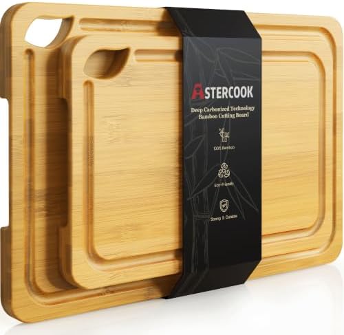 Astercook Nature Bamboo Cutting Boards for Kitchen with Wood Storage Stand, Reversible Charcuterie & Chopping Boards with Juice Grooves and Easy-Grip Handles