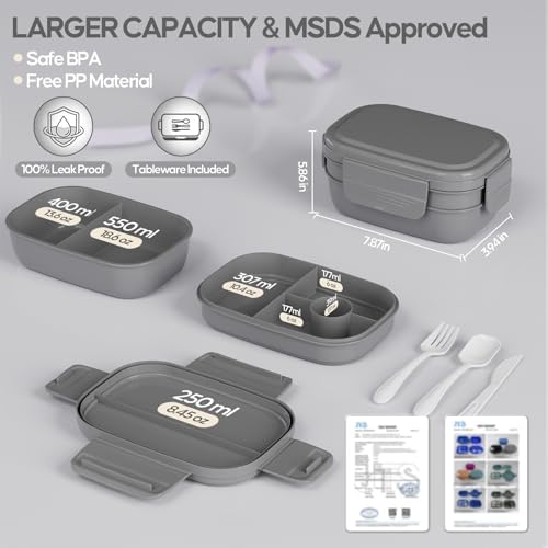 Adults Bento Lunch Box Set with Lunch Bag for Work, Dining Out（Grey）