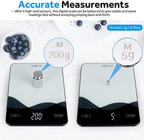 AIMILAR USB-C Rechargeable Digital Food Kitchen Scale 22lb/10kg Glass LED
