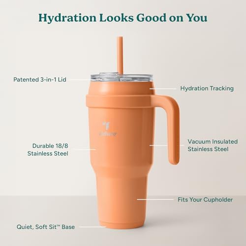 REDUCE 40 oz Stainless Steel Tumbler with Handle - Dual-Wall Vacuum Insulated Travel Mug, Sweat-Proof Lid & Reusable Straw - Keeps Drinks Cold for 24 Hrs, Fits Cupholders, Dishwasher Safe - Papaya