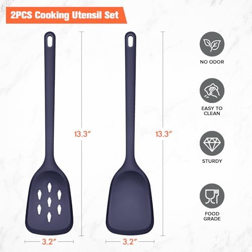 Silicone Spatula Set of 2 Pack, Heat Resistant Solid&Slotted Turner (BLUE)