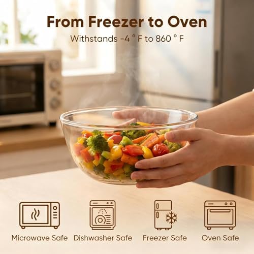 Borosilicate Glass Mixing Bowls Set of 3 (2.8, 2.2, 1.1QT) - Heavy Duty, Scratch Resistant, Non-Toxic & Lead-Free – Oven/Microwave/Dishwasher/Freezer Safe – Ideal for Meal Prep, Baking & Serving