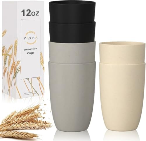 Wrova Wheat Straw Cups Set of 6, 12 OZ Plastic Cups Reusable Kitchen Cups,Dishwasher Safe Water Cups for Kids, Unbreakable Drink Cups for Juice,Ice Coffee,Tea- Black & Gray
