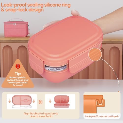 Adults Leak-Proof Bento Lunch Box Set with Lunch Bag for Work, School（Pink）