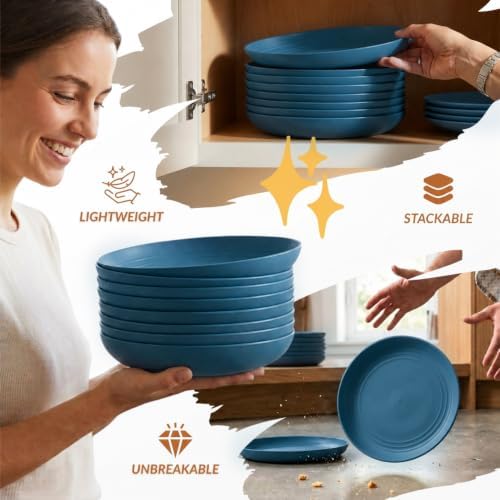 Homienly Unbreakable 8 Pcs Deep Dinner Plates Reusable Plastic Wheat Straw Plates Set Lightweight Kitchen Plates for Salad, Lunch, Dessert, Microwave & Dishwasher Safe Plates for Camping (Blue, 9 In)