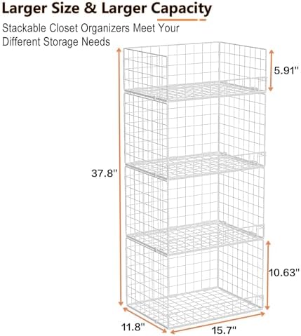 Yociyoga 4 Tier Stackable Closet Organizers and Storage Shelves, Foldable Closet Shelf Organizer System, Stackable Storage Bins Drawers for Clothes Organizer System, White（Patent No. 30022416）