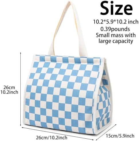 Insulated Lunch Bag for Work, 10.2"x5.9"x10.2" Oxford Waterproof Lunch Tote, Thermal Lunch Box for Office, Picnic & Outdoor, Striped Canvas Tote Bag -Check Blue