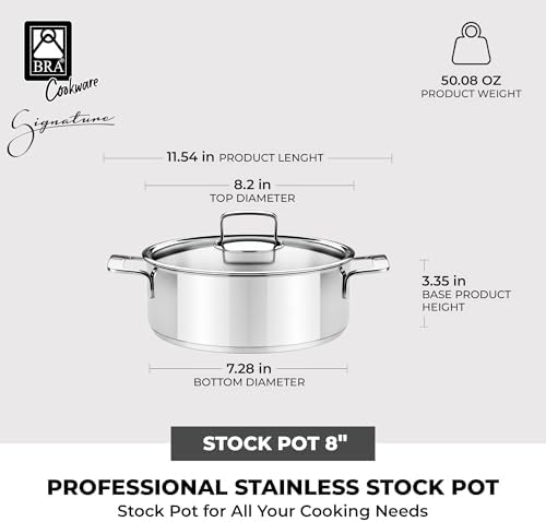 BRA COOKWARE Signature Stainless Steel Stock Pot w/Lid | 8 Inches 2.4 Qt