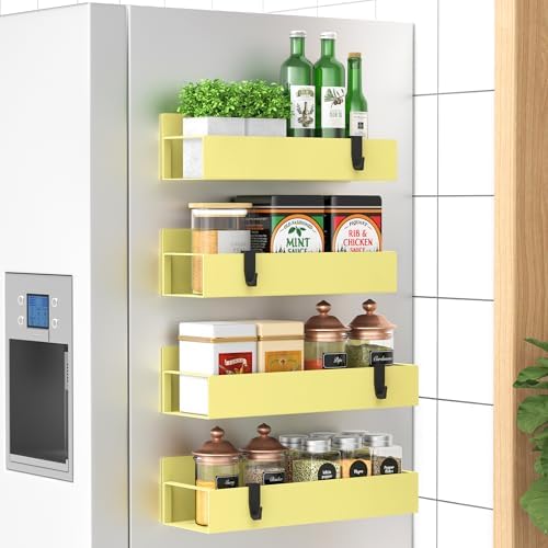HuggieGems Metal Magnetic Spice Rack for Refrigerator Yellow, 4 Pack