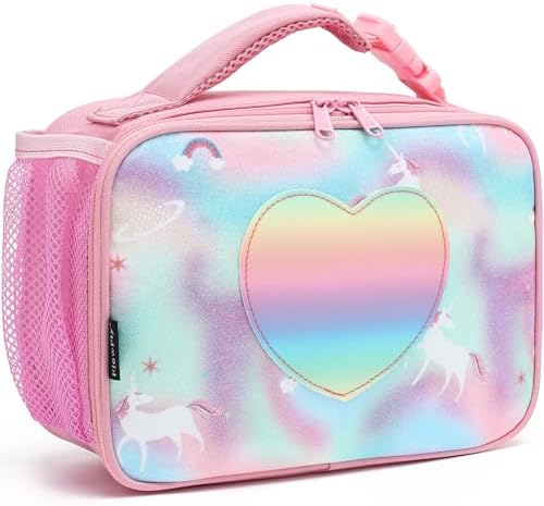 FlowFly Kids Lunch box Insulated Soft Bag Mini Cooler Back to School Thermal Meal Tote Kit for Girls, Boys, Glitter-Unicorn