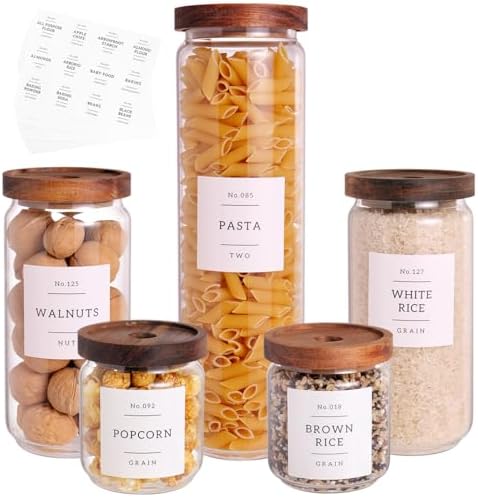 5 Set Glass Pantry Storage Jars with Acacia Airtight Lid - Thicken Glass Kitchen Canisters with 132 Pantry Labels - Clear Glass Food Storage Containers with Wood Lid for Tea,Sugar,Candy,Cookie,Pasta