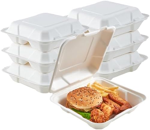 ECOLipak 50 Pack Compostable Clamshell Take Out Food Containers, 8 inch