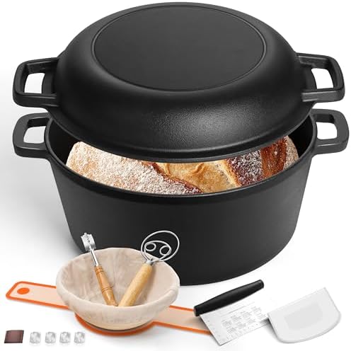 E-far 5QT Dutch Oven for Bread Baking, 2-IN-1 Cast Iron Pot with Skillet Lid & Sourdough Starter Kit, Bread Oven Pan with Baking Supplies for Frying, Braising, BBQ, Rust-Free & Heavy Duty