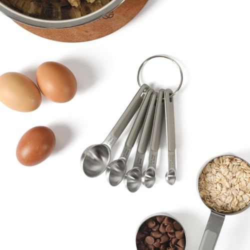Calphalon Prime Measuring Spoons, 5-Piece Stainless Steel Measuring Spoon Set with Taupe Silicone Handles, Accurate Kitchen Measuring Tools for Spices, Baking & Small Portions