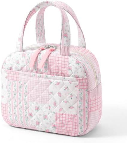 WOBAGMEN Quilted Lunch Box for Women,Coquette Aesthetic Lunch Box for Teen Girls,Cute Pink Floral Patchwork Lunch Bags for Work, School,Office,Picnic,Travel (pink floral pin)