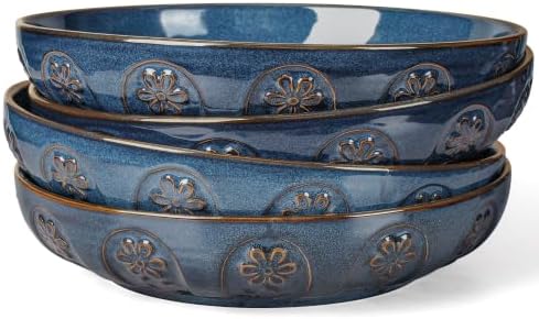 Artena Pasta Bowls, 50oz Large Salad Serving Bowls, 9.75'' Plates Bowls Set of 4, Big Ceramic Soup Bowls for Kitchen, Embossment Shallow Dinner Bowl, Microwave Dishwasher Safe, Pinwheel Flower, Blue