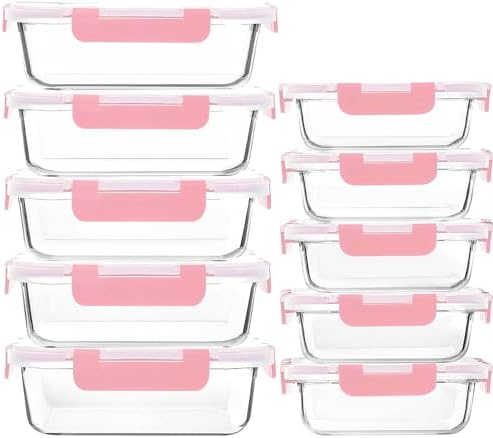 M MCIRCO 10 Pack Glass Food Storage Containers with Lids, Pink