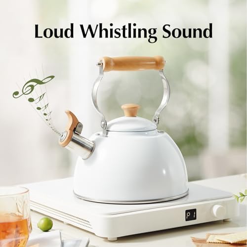ROCKURWOK Whistling Tea Kettle for Stove Top, 1.6 QT Small Tea Pot, White