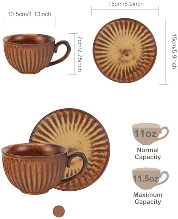 Vintage Design 11 oz Ceramic Latte Art Cappuccino Barista Cup with Saucer,Porcelain Vintage Embossed Tea Cup for Espresso,Coffee Bar, Brunch,Home Kitchen,Cups Are Microwave and Dishwasher Safe