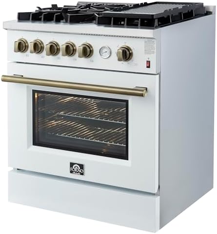 FORNO Giovanni 30-inch Freestanding Gas Range 5 Burners 67,000 BTU, 4.32 cu. ft. Convection Oven with Air Fryer Kit, Reversible Griddle, Wok Support & Heavy-Duty Control Knobs, Classic White Finish