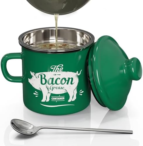 Bacon Grease Container with Strainer-15OZ Enamel Saver, Dishwasher Safe