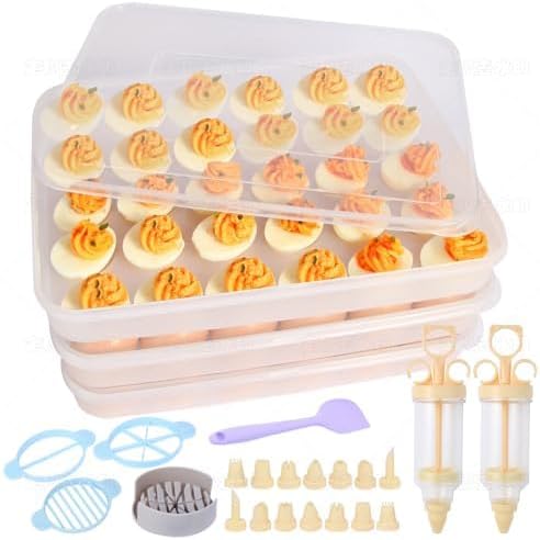 90 Deviled Egg Containers with Lid (Set 3),Plastic Easter Deviled Egg Tray Carrier with Handl Injector Piping Tool,Clear Storage Deviled Egg Platter Holder for Refrigerator Party Picnic Party Events