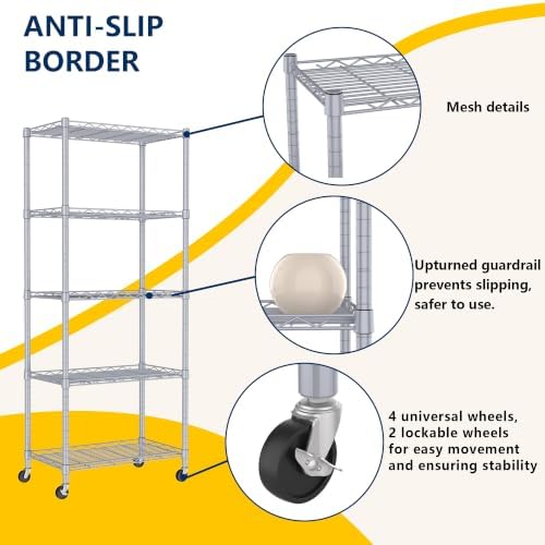REGILLER 5-Wire Shelving Metal Storage Rack Adjustable Shelves,Standing Storage Shelf Units for Laundry Bathroom Kitchen Pantry Closet(Silver,11.8" D x 21.2" W x 55" H,With Wheels)
