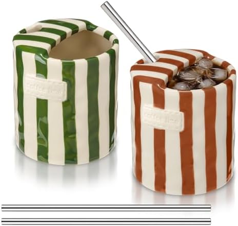 2 Pack Ceramic Coffee Mug with Sip Hole, Simple, Green, Brown