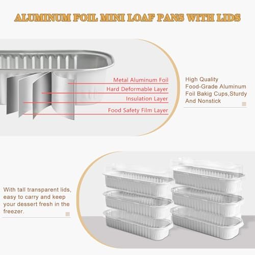 Mini Cake Pans With Lids And Spoons 50 Pack,6.8 oz Rectangle Mini individual Loaf Pans, Disposable Aluminum Foil Small Baking Cups Tins, Baking Containers for Xmas, Party and Picnics (White)