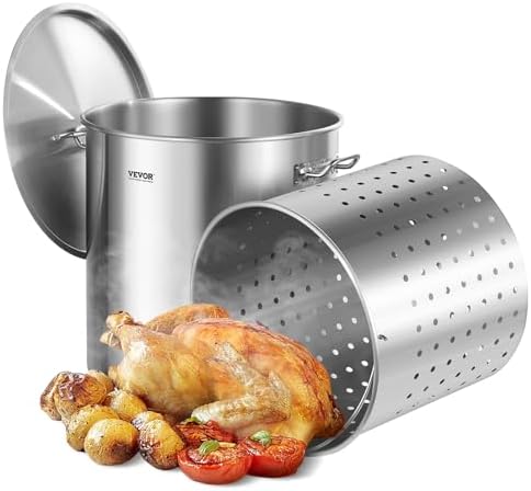 VEVOR Stainless Steel Stockpot, 100 Quart Large Cooking Pots, Cookware Sauce Pot with Basket, Lid, and Handle, Heavy Duty Commercial Grade Stock Pot, Sanding Treatment, for Large Groups Events Silver
