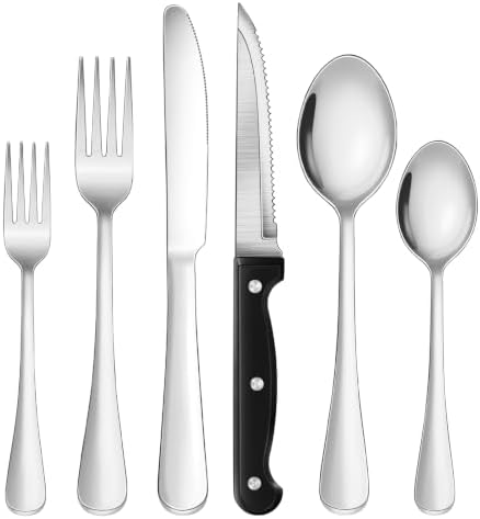 24-Piece Silver Silverware Set with Steak Knives Black Stainless Steel Flatware Set for 4 Food Grade Tableware Cutlery Set Rust-proof, Mirror Polished, Dishwasher Safe