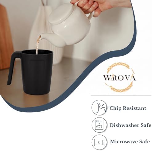Wrova 16oz Wheat Straw Cups with handles set of 6-Plastic Cups Reusable-Unbreakable Kids Mugs-Dishwasher Safe & Microwave Safe-Ideal Plastic Mugs for Tea,Coffee,Camping,RV-Black