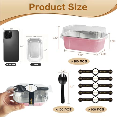 Mini Cake Pans With Lids And Spoons,5.5 oz Rectangle Mini individual Loaf Pans Disposable Aluminum Foil Small Baking Cups Tins (100, Pink)