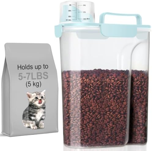 5-7Lbs Airtight Cat Dog Food Storage Container Portable with Upgraded Large Spout and Cup, Plastic Pet Dispenser for Small Animal Kibble, Bird Seed, Oatmeal, Rice, Flour, Brown Sugart-Sky Blue