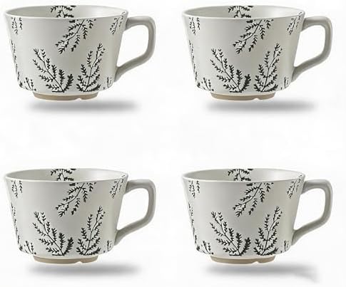 4 Pack Speckled Ceramic Coffee Mugs, 12oz Vintage Green Fern Leaf Large Tea Cups, Rustic Handmade Style Drinking Mugs for Coffee Tea Cocoa Milk, Dishwasher Microwave Safe, Housewarming Gift Set