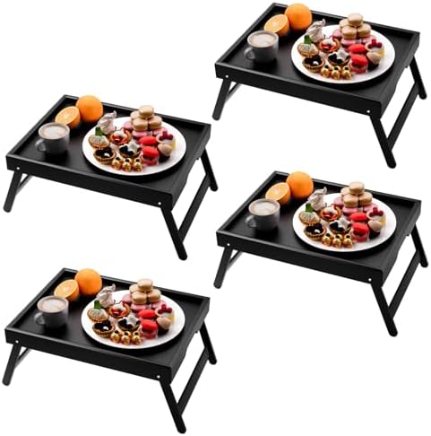 Fibogollo 4 Pack Bamboo Bed Tray Table with Folding Legs,Breakfast Trays,Serving Tray,Laptop Trays for Working,Food Snack Tray for Bed and Sofa(Black)