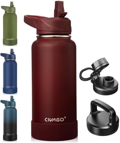 CIVAGO 32 oz Insulated Stainless Steel Water Bottle With Straw and 3 Lids