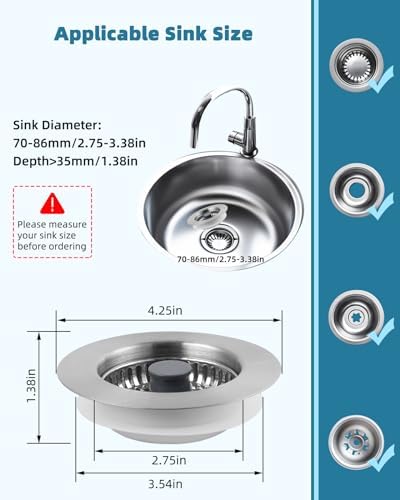 All Metal Sink Drain Strainer for Kitchen Sink, Universal Fit