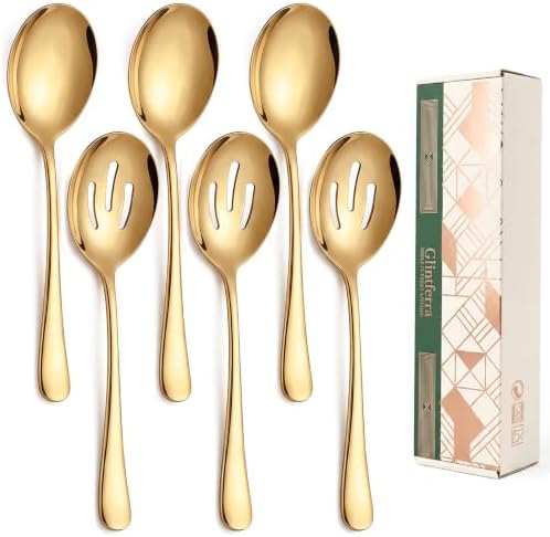 10-Inch Large Serving Spoons Set 6 PCS 3 Solid & 3 Slotted,Gold