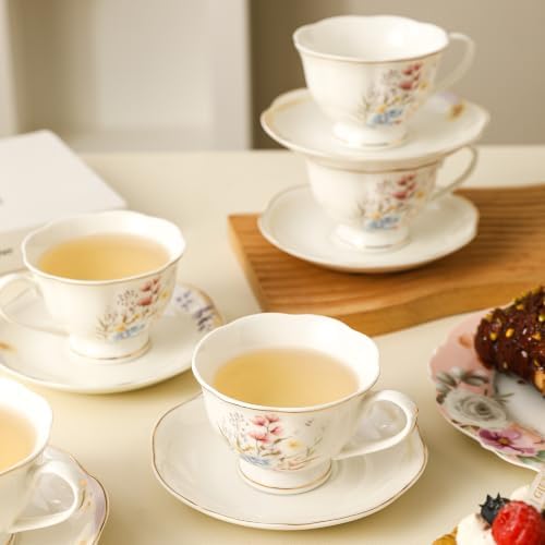 6oz Porcelain Tea Cup & Saucer Set of 6, Embossed Gold Floral