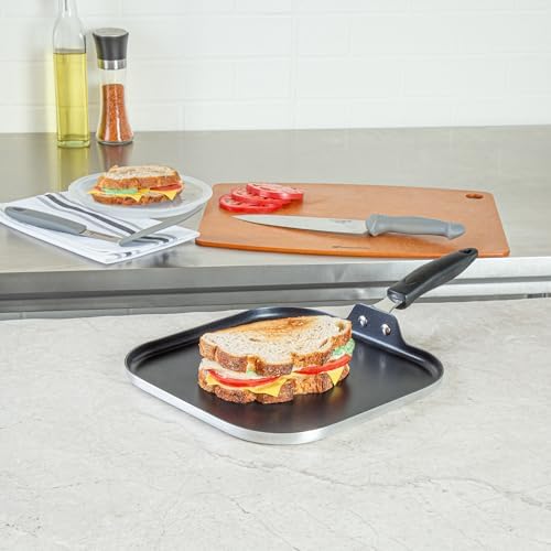 Restaurantware Nonstick Griddle Pan - 1 Count 11 x 11 Inch Aluminum Nonstick Frying Griddle With Bakelite Handle - Square Frying Pan With Even Heating - Black Cooking Surface For Home Kitchens