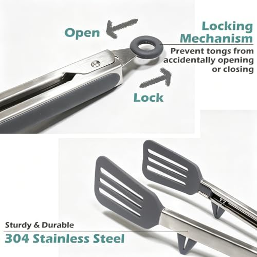 12" Kitchen Tongs for cooking with Silicone Tips, 3Pcs Serving Tongs, Grey