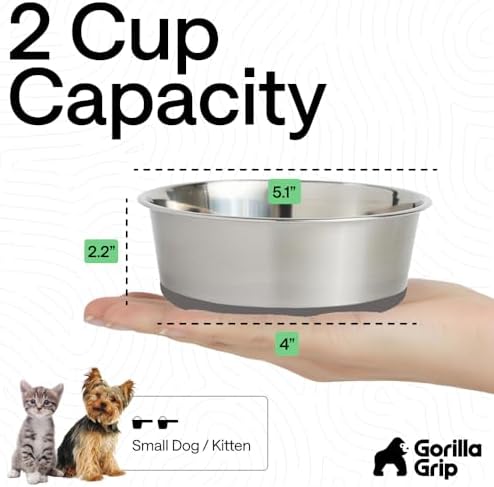 GORILLA GRIP Dog Bowl, Food Grade Stainless Steel Water Bowls, 2 Cup Gray