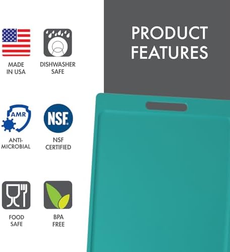 Dexas NSF Certified Polysafe Cutting Board with Handle, 11 x 14.5 Inches, Reversible Kitchen Cutting Board, Teal Green