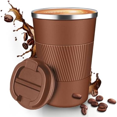 12OZ Travel Coffee Mug Insulated Coffee Cup with Spill Leak Proof Lid, Portable Stainless Steel Tumbler Reusable Hot and Cold Water Mug for Car, Daily, Camping- Coffee