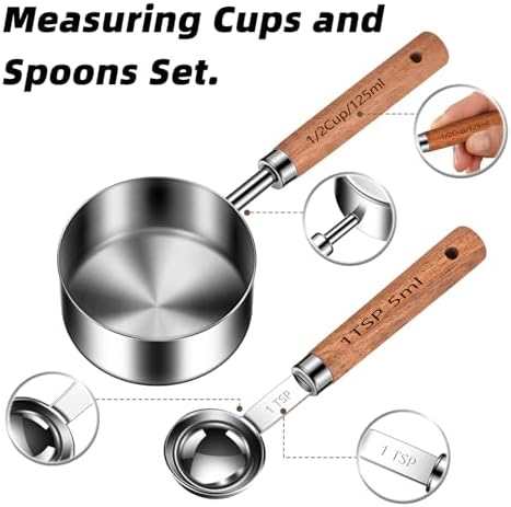 Wooden Handle Measuring Cups & Spoons Set 8-Piece – Stainless Steel, Stackable, Rustic Farmhouse Kitchen Gadgets, Non-Toxic, Dishwasher Safe, Gift for Bakers & New Homeowners.