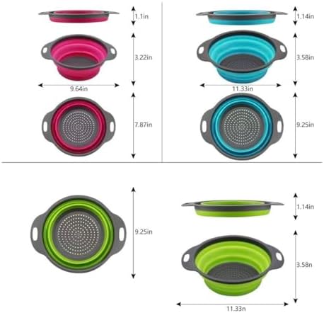 Set of 3 Niklye Ultimate Kitchen Strainers—1×10” & 2×12” Collapsible Silicone Colanders. Now more durable and robust for everyday use with pasta, veggies, fruit & more.
