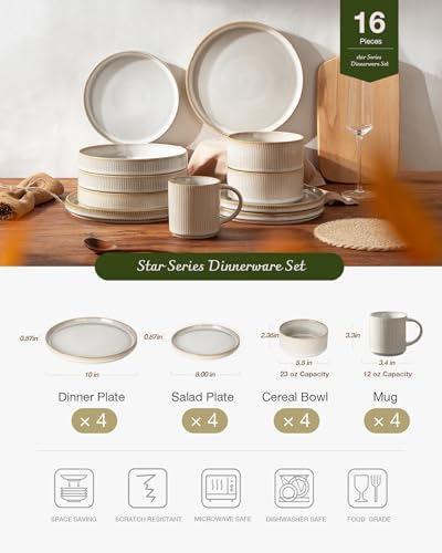 Famiware Star Dinnerware Sets with Mugs, Ceramic Plates and Bowls Set for 4